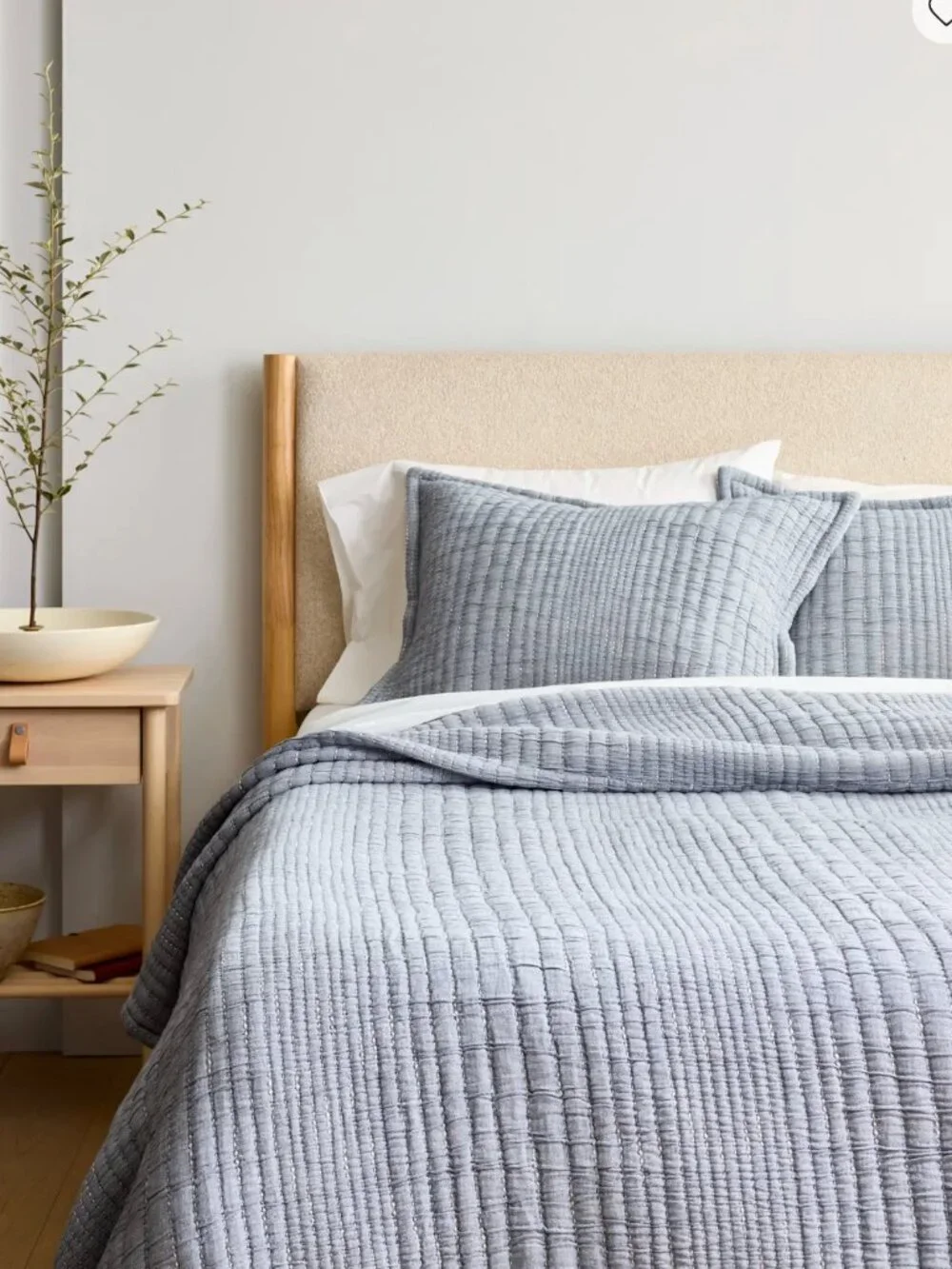 NWT Quince Organic Cotton Channel Stitch Coverlet Set, King / Cal King, Blue